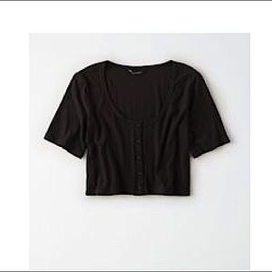 American Eagle Black Ribbed Button Cropped Shirt